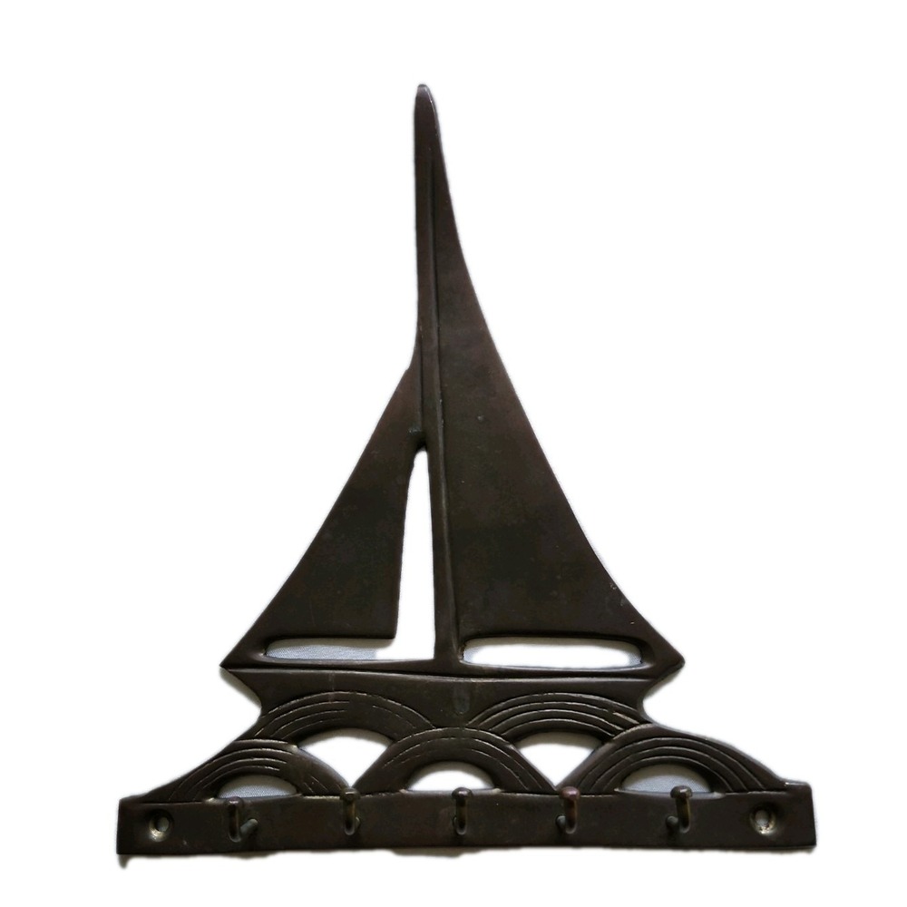 Solid Brass Sailboat Key Holder. Unpolished 5 Hooks. 9 1/4" Tall. Made In India